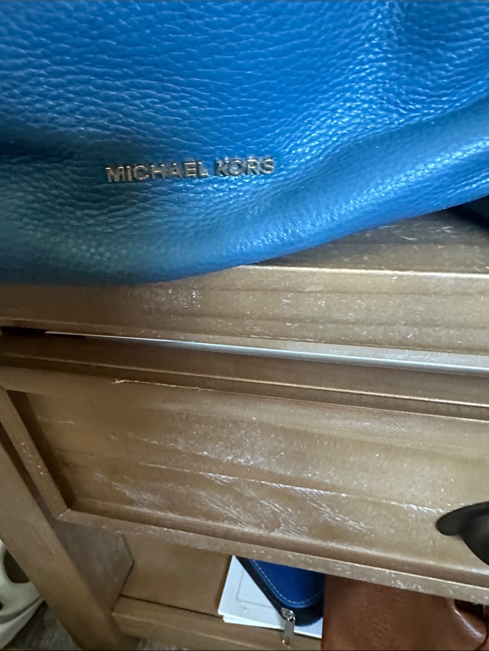 MICHAEL KORS Blue Pebbled Leather Drawstring Backpack with Gold Hardware - Picture 2 of 6